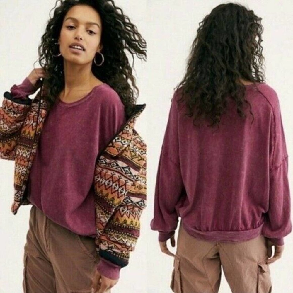 Free People Oversized Crewneck Sweatshirt in Wine Plum